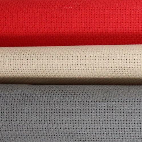 KCS 3 pc of 15" x 18"(38cmx45cm) 16 Count Cross Stitch Cotton Aida Cloth Needlework Rolled Fabric Box,16CT,Red+Khaki+Dark Grey - color: Red+khaki+dark Grey, size: 16CT