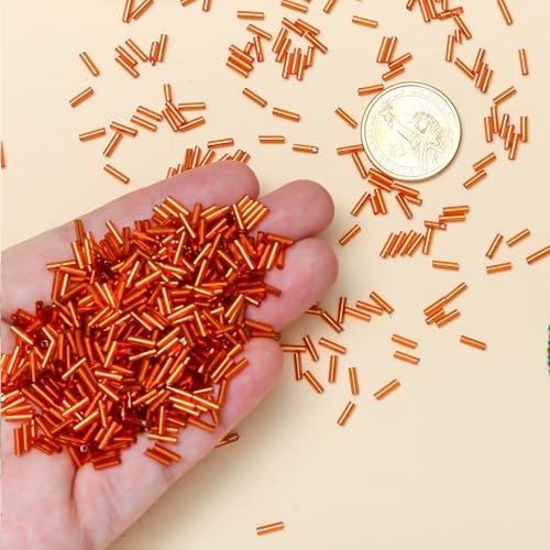 2000pcs Glass Bugle Beads, Tube Beads Bulk, Mini Long Tiny Small Waist Loose Spacer Embroidery Beaded for Bracelets Jewelry Making Sewing, Crafts, 2×6mm, Orange - color: Orange