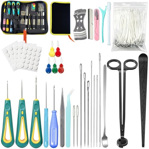135PCS Candle Making Kits with Candle Wick Trimmer(7IN)& Dipper,Big Eye Long Needle Mold Hook Punch Needle for Inserting Wick,Cotton Wick with Metal Sustainer Tabs,Wick Stickers for Candle Lovers - color: 135PCS