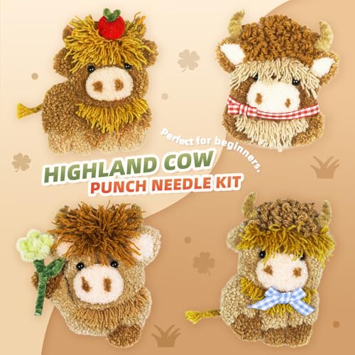 Punch Needle kit-4,Embroidery kit for Beginners,Punch Needle Kits Adults Beginner,Needles, Curved Scissors, a Tool Storage Box, Yarn, Easy-to-Follow Instructions, and Tutorial Videos(4 Highland Cow) - color: Highland Cow