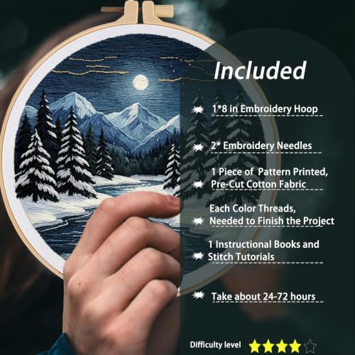 FONNUY Embroidery Kit for Beginners, Boho Nature Landscape Pre-Stamped Pattern Kits for Adults with Hoop, Easy to Follow Color Thread Needlework, 8'' Hoop (Winter Night) - color: Winter Night
