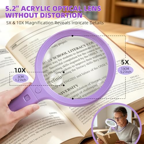 Dilzekui 5X&10X Neck Handheld 2-in-1 Magnifying Glass for Reading w/Light - color: Purple