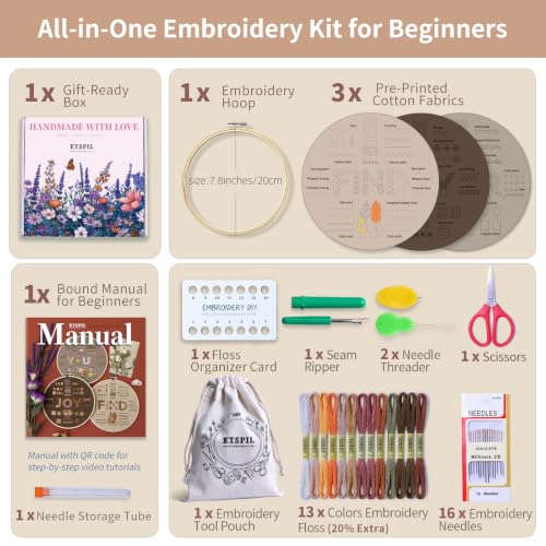 ETSPIL Embroidery Kit for Adults, 42 Stitches, 4K Video, Storage Bag - color: letter E