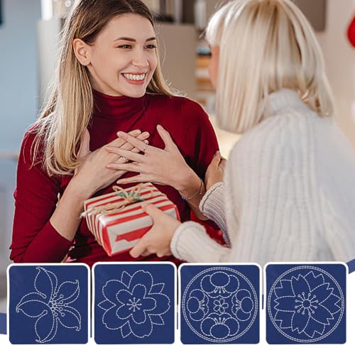 4 PCS Sashiko Coaster Kit Water-Soluble Template Handmade Coaster Japanese Embroidery Practice Project Coasters Kit for Beginners Traditional Japanese Sashiko DIY Kit with Instructions - style: Large Cherry Blossom Sashiko Coaster