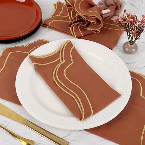 NATURALCRAFT Scalloped Cloth Napkins 18x18 in - Rust Edges Gold - color: Rust Napkin With Gold Edges, size: 18" x 18" (Set of 4)