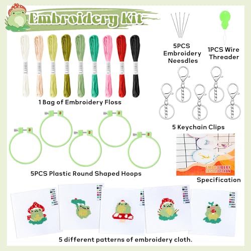 WATINC Beginners Embroidery Kits - 9PCS DIY Keychain with Mushroom Frog Cross Stitch Beginner Kit for Kids Needle Point Starter Kit Sewing Set with Instructions for Children Adults