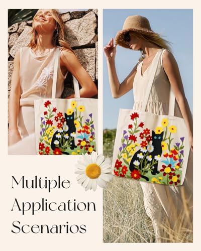 Miss Adola Lightweight Embroidery Canvas Tote Bag - color: Flower Cats