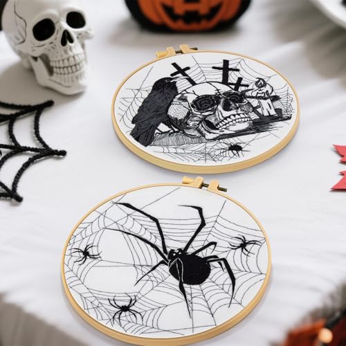 Dark Gothic Embroidery Kits for Beginners Adults, Halloween Hand Embroidery Needlepoint Kits, Skull Spider Stamped Cross Stitch Kits for Beginners Adults, 2 Embroidery Hoops (Attached Video Tutorial) - color: Black and white