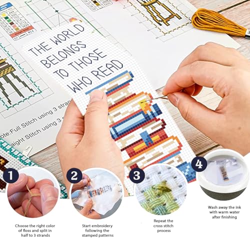 FREEBLOSS 6 Set Cross Stitch Bookmark Kit 11CT DIY Cross Stitch Kits Books Pattern Stamped Embroidery Kit with Instructions Bookmark Making Set for Adult Beginners 8x2.4inch