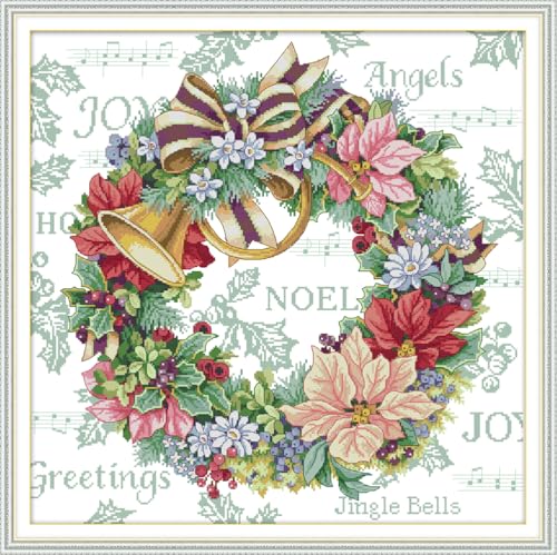 Funcrostitch Counted Cross Stitch Kits for Beginners,14ct Unprinted Pattern Embroidery Kit Dmc Cotton Threads Needleworks for Adults-Holiday Wreath 21.2"×21.2" - color: 14.14CT Counted Kit,Holiday wreath 21.2"×21.2"