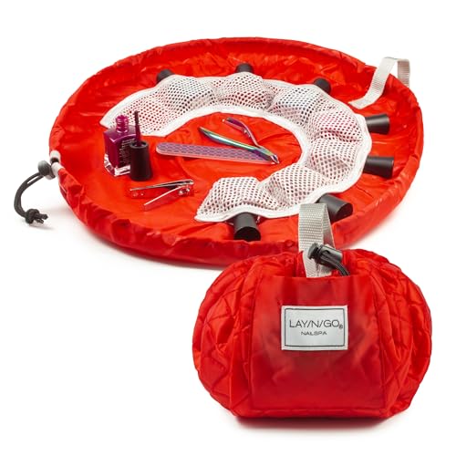 Lay-n-Go NailSpa Drawstring Cosmetic Bag - Portable Nail Supplies Organizer Bag w/ 8 Elastic Mesh Pockets & Circular Center - Durable, Machine Washable Nail Kit Organizer (18", Red) - color: Dorothy's Slipper (Red)