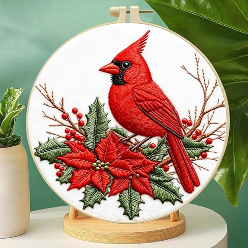 Zhenqing Cardinal Embroidery Kit for Beginners, Red Bird & Holly Needlework Craft with Pre-Printed Cotton Fabric, Hoop, Threads & Tools, Winter Holiday Decor (C0202) - color: Cardinal