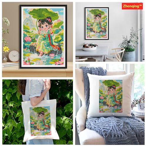 Zhenqing Summer Pond Stamped Cross Stitch Kit - 9CT 58x78cm Large Girl & Lotus Design, Pre-Printed Pattern for Beginners (68775)