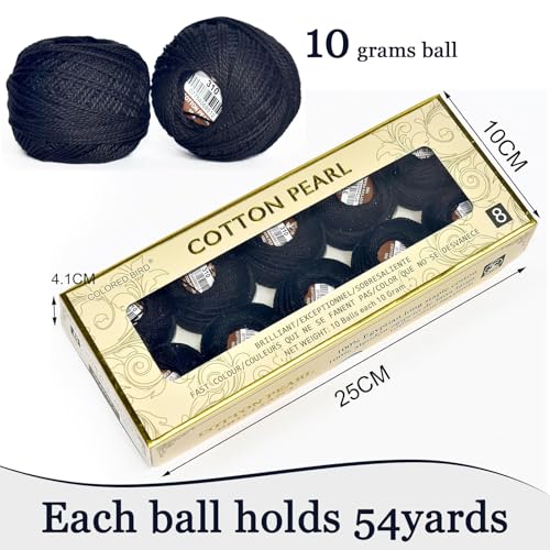 Double Mercerized Egyptian Long Staple Cotton Pearl Thread Ball 10 Grams Rainbow Color Embroidery Thread 10 Balls per Box for Crochet Hardanger Cross Stitch Hand Embroidery,Black - color: black