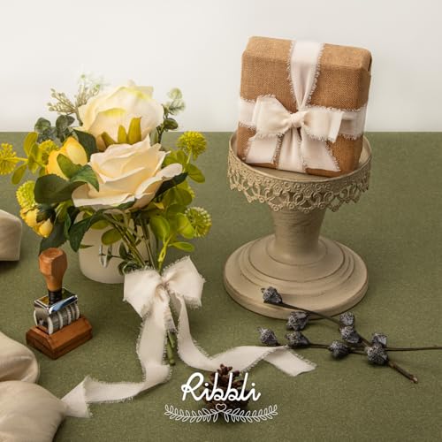 Ribbli Green Ribbon 1 Inch x 3 Rolls Total 24 Yards Ivory/Sage/Forest Green Handmade Fringe Chiffon Silk Ribbon for Wrapping Wedding Invitations Bridal Bouquets DIY Crafts Home Decor - color: Cream/Creamy Sage/Sage