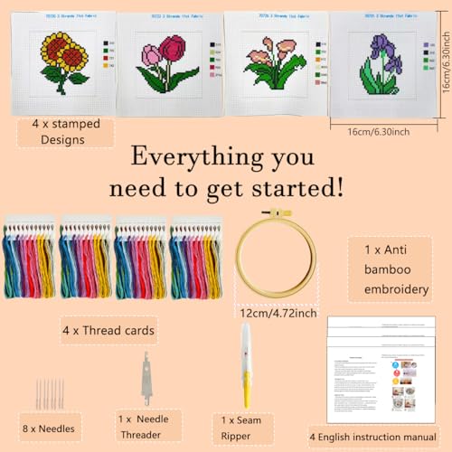Zhenqing 4 Pack Flower Stamped Cross Stitch Kit for Beginners - color: Floral-4 Piece-1