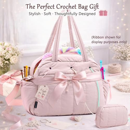 MYBAGZING Large Crochet Bag Organizer w/Crochet Hook Case & Yarn Grommets - color: Pink
