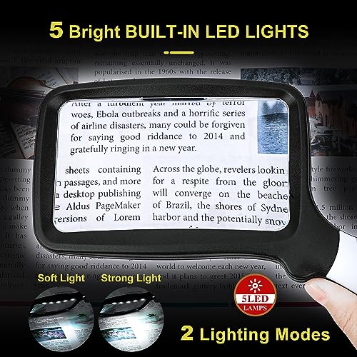 3X Folding Magnifying Glass with Light, Retancular Lighted Magnifier with 5 LED Lights, Handhold Page Magnify Lens Seniors Gift for Reading Books, Coins, Maps, Inspection, Exploring -Black - style: Folding Black