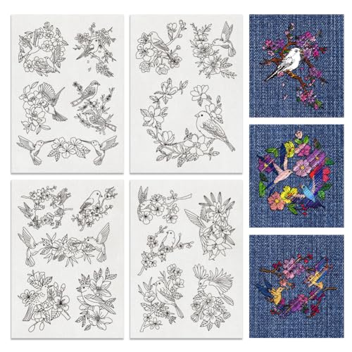 BENECREAT 4Sheets 18Pcs Water Soluble Embroidery, 11.7x8.3inch Birds and Flowers Pattern Transfers Water Soluble Stabilizer for Embroidery Stick and Stitch Embroidery Designs - color: Birds and Flowers