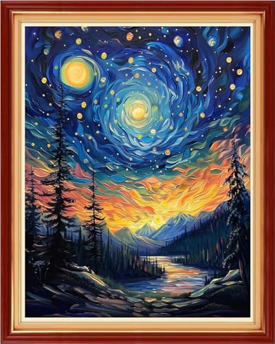Artvxeay Stamped Cross Stitch Kits - Embroidery Kits for Beginners Cross Stitch Kits for Adults 11 CT Printed Patterns Needlepoint Kits - Forest Van Gogh Starry Sky 16x20 inch - color: Forest Van Gogh Starry Sky 16x20 inch