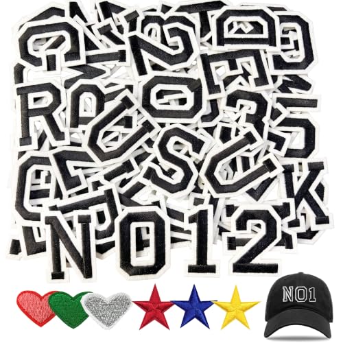Jongdari Iron On Letters and Numbers Patches for Clothing, 2" Embroidery Alphabet Letterman Jacket Patche A-Z & 0-9 Applique for Backpack & Fabric (Black 78pcs) - color: Black, size: 52 Letters + 20 Numbers + 6 Patches