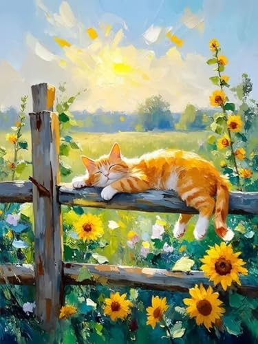 MBNTJHT Cat Stamped Cross Stitch Kits,Cat Sleeping on Fence Cross Stitch Ornament Kits for Adults Beginners,11CT Counted Embroidery Needlepoint Kit Art and Crafts 12x16 Inch. - color: X24109