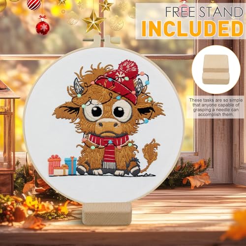 Christmas Highland Cow Embroidery Kit for Beginners Adults Easy Embroidery Starter Kit Highland Cow Christmas Hat Cross Stitch Kits Embroiderys Hoop Needlepoint Kits with Instruction Needles Thread - color: Christmas Highland Cow