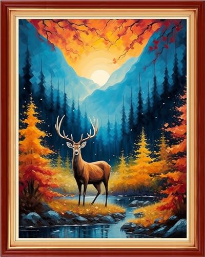 Magxvouy Cross Stitch Kits Stamped Full Range of Embroidery Kits,Cross Stitch Patterns Needlework Kits for Beginners 11CT Printed Kits&Mountain and River Deer 16x20 inch - color: Artcolor27