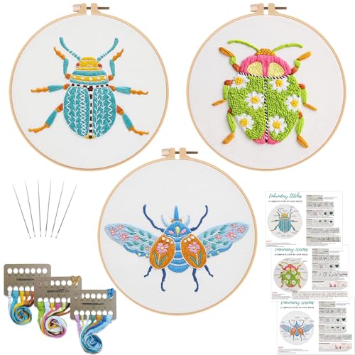 Louise Maelys Beetle Embroidery Kit for Beginners 3 Pack Nature DIY Set - color: beetle flower