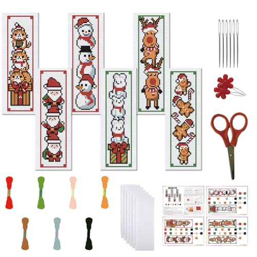 FREEBLOSS 6 Set Christmas Cross Stitch Bookmark Kits - Santa Claus Pattern Stamped Embroidery Bookmarks for Beginners - style: Christmas Animals