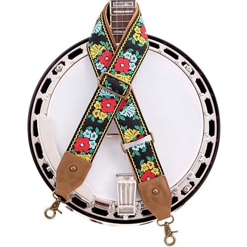 Nefelibata Banjo Strap,2"Wide Double Crazy Horse Leather Jacquard Embroidery Strap Adjustable Replacement,Multi-pattern Strap With Metal Clips - color: A#-flower Embroidery