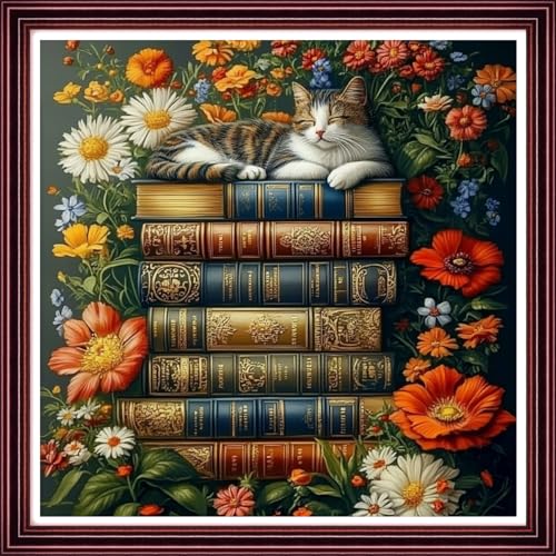Funchey Counted Cross Stitch Kits for Adults Needlepoint Kits Unprinted Cross Stitching Embroidery Kit 11CT Cross Stitch Supplies-Books, Cats, Flowers 18x18 inch - color: ArtsKits19