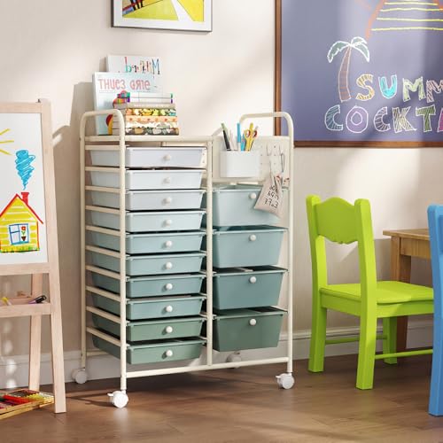 Giantex 14 Drawer Storage Cart, Rolling Craft Cart with Metal Tabletop & Pegboard, Mobile Utility Organizer Trolley with Locking Wheels, Home Office, Green Gradient - color: Green Gradient, size: 14 Drawer-25"x14.5"x34.5"