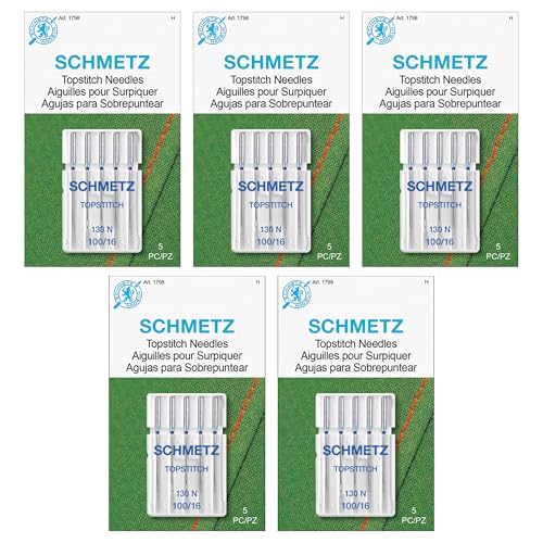SCHMETZ Topstitch Sewing Machine Needles - Quilting & Topstitching Supplies, Size 100/16, 5-Needle Cards, Pack of 5 - size: 5 Cards (25 Needles)