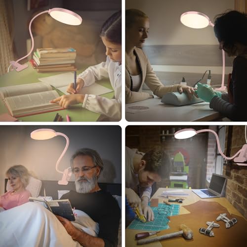 iFalarila Reading Light with Remote, LED Desk Lamp Clip on [1H Timer & Nightlight] RA>95 Dimmable Flexible Gooseneck, Reading Lamp with Clamp for Table - 4.7'' (Adapter Included) - style: 4.7'' Pink