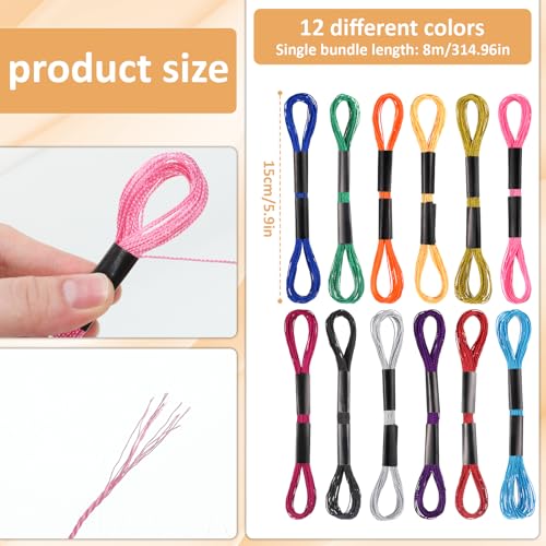 12 Skeins Metallic Embroidery Thread Cross Stitch Floss Hand Embroidery Thread for Sewing Making Yarn Accessories Craft String Art Supplies