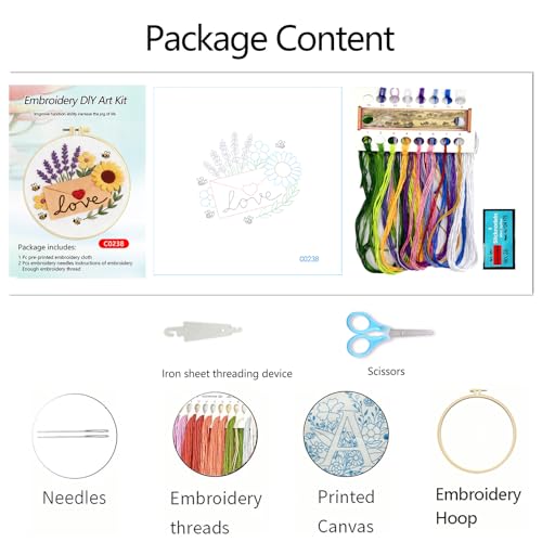 Zhenqing Love Envelope Embroidery Kit for Beginners, Pre-Printed 29x29cm Cotton Fabric with 20cm Hoop, Romantic Design with Sunflowers and Lavender (C0238)