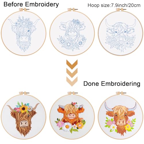 Louise Maelys 3 Set Highland Cow Embroidery Kit for Beginners Floral - color: highland cows
