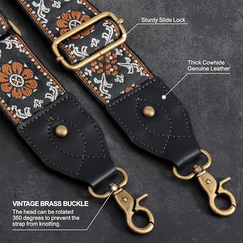 Nefelibata Banjo Strap,2"Wide Double Crazy Horse Leather Jacquard Embroidery Strap Adjustable Replacement,Multi-pattern Strap With Metal Clips - color: A#-black Leather Embroidery