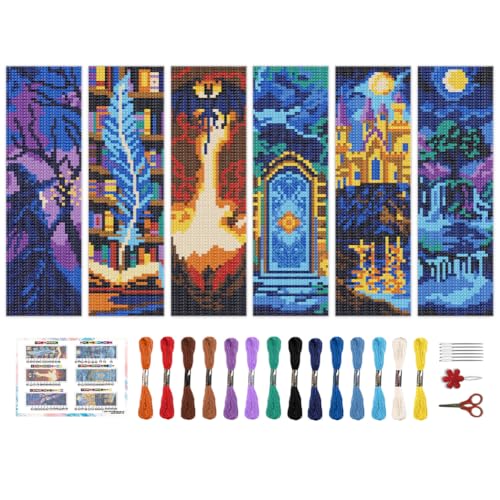 BEUNITONE 6 PCS Cross Stitch Bookmark Kit for Adults Beginners,Fairy Tale Scene Pre-Printed Cross Stitch,DIY Stamped Embroidery Bookmark Kits,with Instructions,Craft Kit for Book Lovers 8.5''x3'' - style: Fairy Tale Scene
