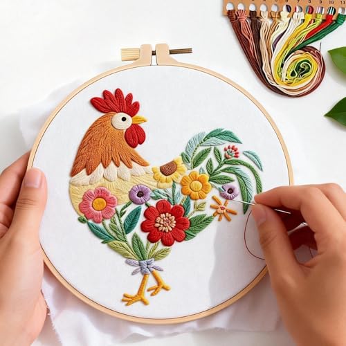 Herdiese Embroidery Kit for Beginners & Adults, Rooster Flower Cross Stitch - color: Rooster