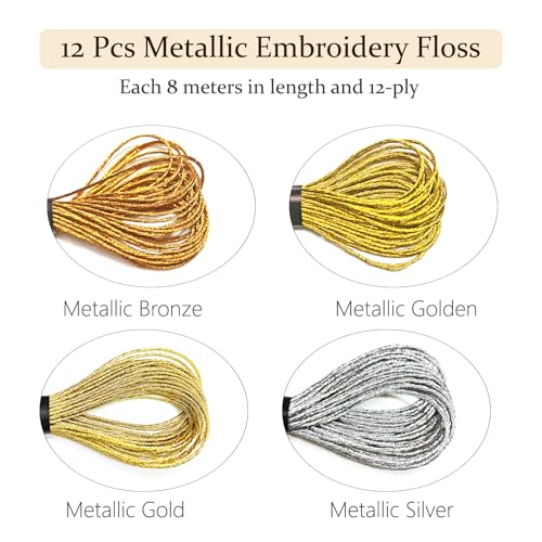 12 Skeins Metallic Embroidery Floss, Gold and Silver Embroidery Thread