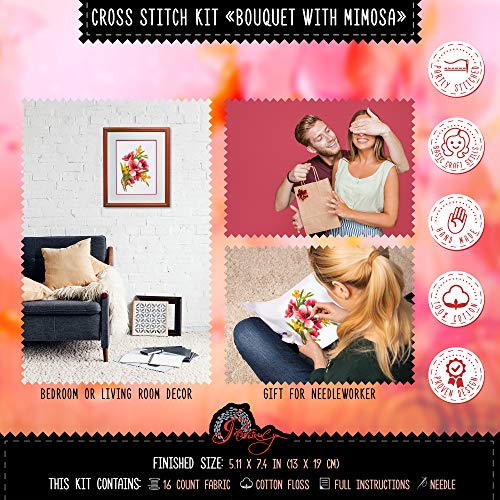 Povitrulya Flower Embroidery Kit 'Bouquet with Mimosa' - DIY Cross Stitch Set for Engagement, Graduation, Mother's Day Gift - color: Bouquet with Mimosa