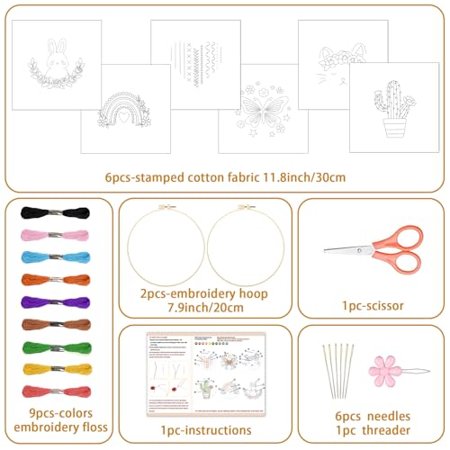 BEUNITONE 6Pcs Easy Embroidery Kit for Adults Beginners, Simple Cross Stitch Starter Set for Beginners, Cute Animal Rainbow Butterfly DIY Craft Activity for Home Decor and Festival Gifts 20x20cm - style: Stick Figure