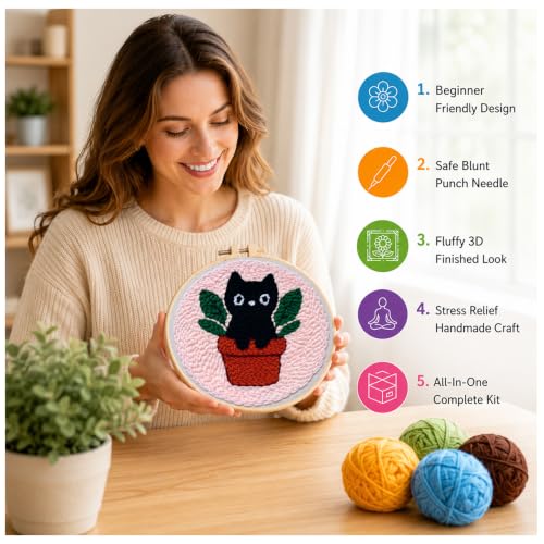 Punch Needle Kit for Beginners Adults Plant Cat, with Embroidery Hoop - color: Punch Needle kit-Plant Cat