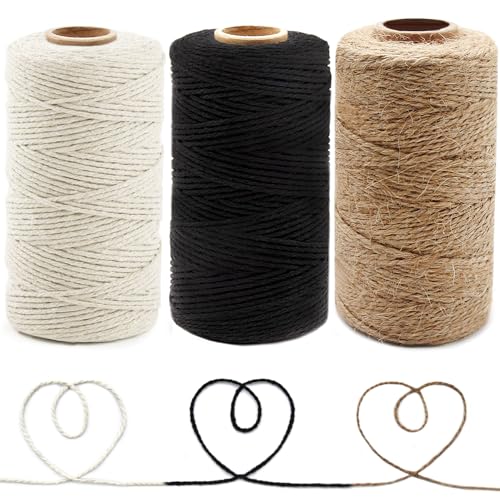 Anvin Cotton Twine - Natural Jute Packing & Wrapping Twines (Black, White) - 984 Feet, 10 Ply, 2mm Thick - Ideal for Bakers, Butchers, Arts & Crafts, Gardening - Pack of 3 - color: Black & White & Jute
