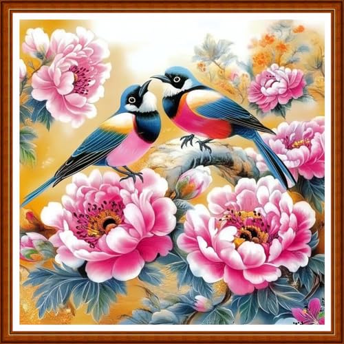 Redxing Counted Cross Stitch Kit for Beginners,Unprinted Needlepoint Kits for Beginners Cross Stitching Embroidery Kit 11CT Stitches kit-Flower Couple Bird 18x18 inch - color: SetColor17