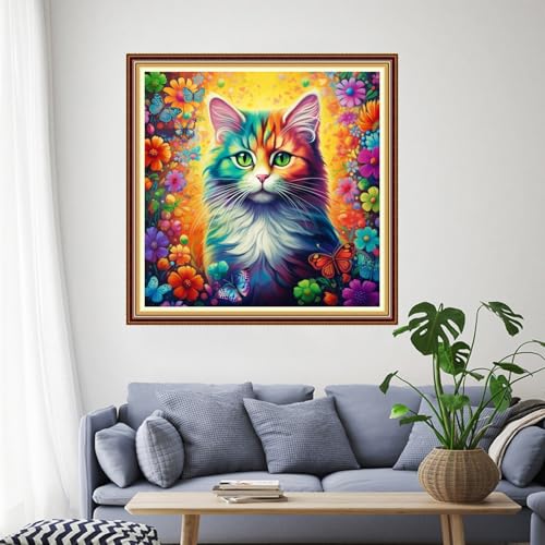 Funchey Stamped Cross Stitch Kits, DIY Cross Stitch Pattern for Adults Beginners Needlepoint Kits Embroidery Kit Arts and Crafts 11CT-Colorful Flower Cat 18x18 inch - color: Handicraft patterns02