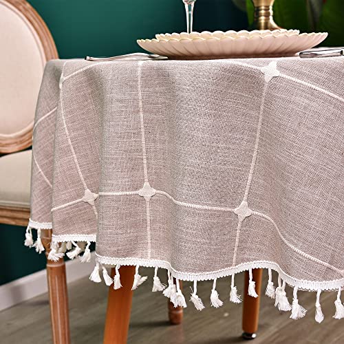 Cotton Linen Round Tablecloth Plaid Heavy Weight Table Cloth for Round Tables Checkered Tassel Table Covers for Kitchen Dining Room Tabletop Decoration, Diameter 70 inch, Coffee - color: Coffee, size: 70" (Round)