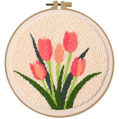 Esffaci Punch Needle Kit for Adults Beginner Starter Punch Embroidery Kit with Flower Tulip Pattern DIY Punch Stitch Supplies with Stamped Fabric Yarn Hoop Tool Instruction - color: Tulip